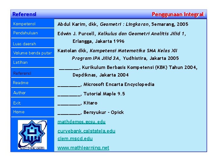 Referensi Penggunaan Integral Penggunaan Kompetensi Abdul Karim, dkk, Geometri : Lingkaran, Semarang, 2005 Pendahuluan