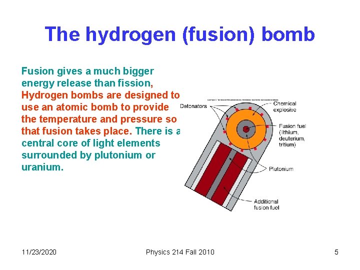 The hydrogen (fusion) bomb Fusion gives a much bigger energy release than fission, Hydrogen
