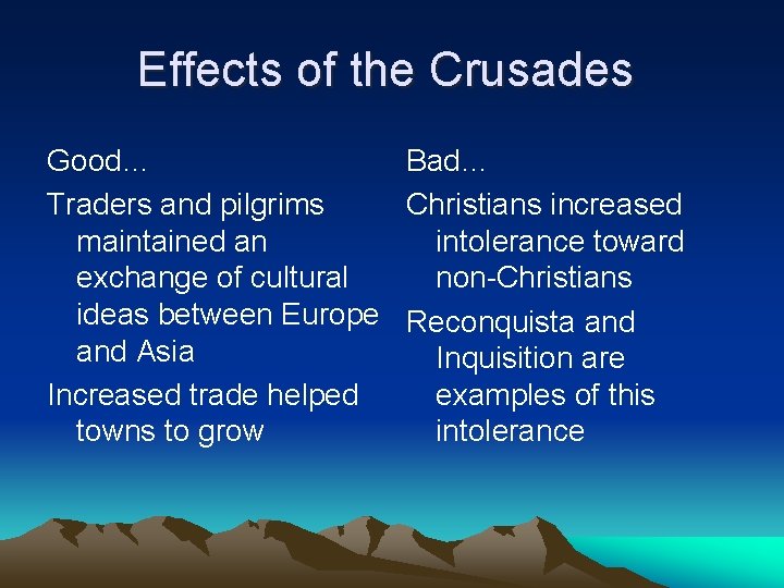 Effects of the Crusades Good… Bad… Traders and pilgrims Christians increased maintained an intolerance