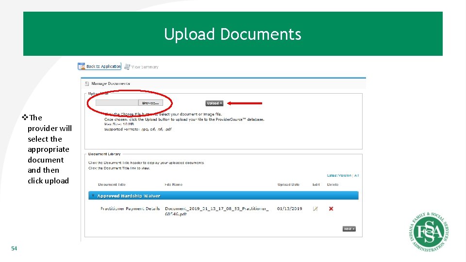 Upload Documents v. The provider will select the appropriate document and then click upload