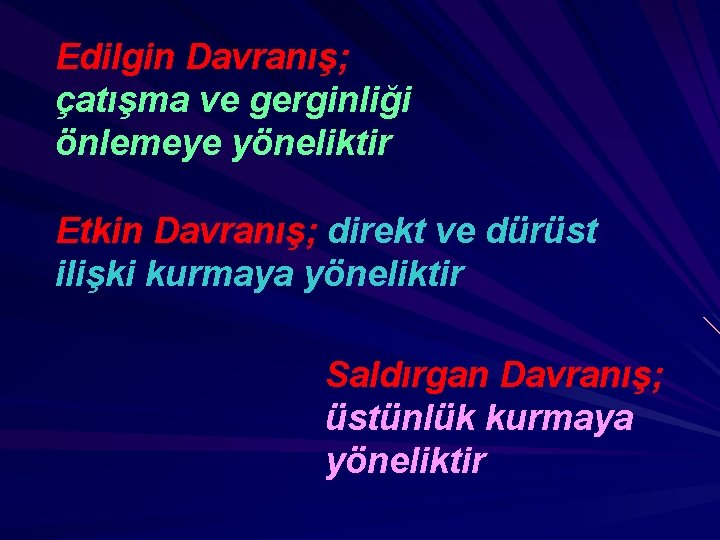 Edilgin Davranış; çatışma ve gerginliği önlemeye yöneliktir Etkin Davranış; direkt ve dürüst ilişki kurmaya