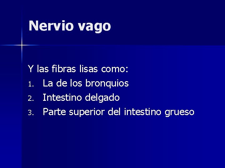 Nervio vago Y las fibras lisas como: 1. La de los bronquios 2. Intestino