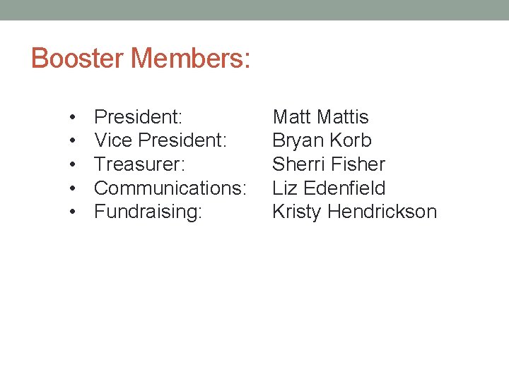 Booster Members: • • • President: Vice President: Treasurer: Communications: Fundraising: Mattis Bryan Korb