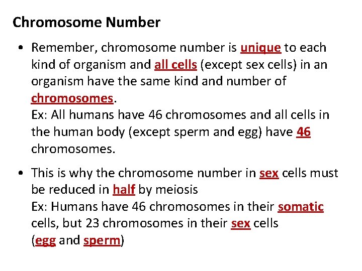 Chromosome Number • Remember, chromosome number is unique to each kind of organism and