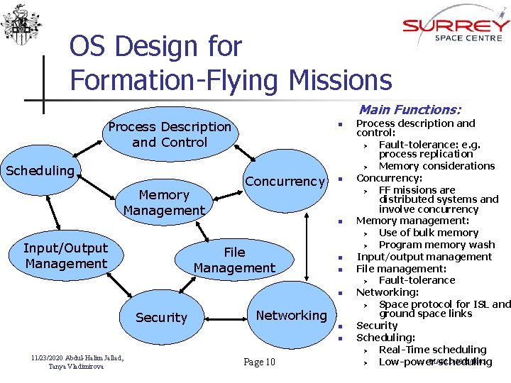 OS Design for Formation-Flying Missions Main Functions: Process Description and Control Scheduling Memory Management