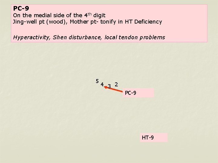 PC-9 On the medial side of the 4 th digit Jing-well pt (wood), Mother