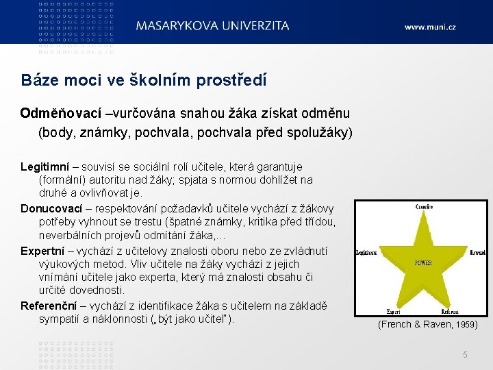 Báze moci ve školním prostředí Odměňovací –vurčována snahou žáka získat odměnu (body, známky, pochvala