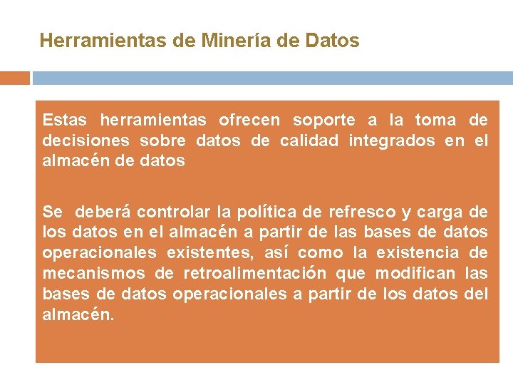 Herramientas de Minería de Datos Estas herramientas ofrecen soporte a la toma de decisiones Herramientas de Minería de Datos Estas herramientas ofrecen soporte a la toma de decisiones