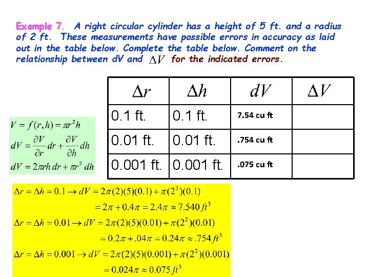 Example 7. A right circular cylinder has a height of 5 ft. and a