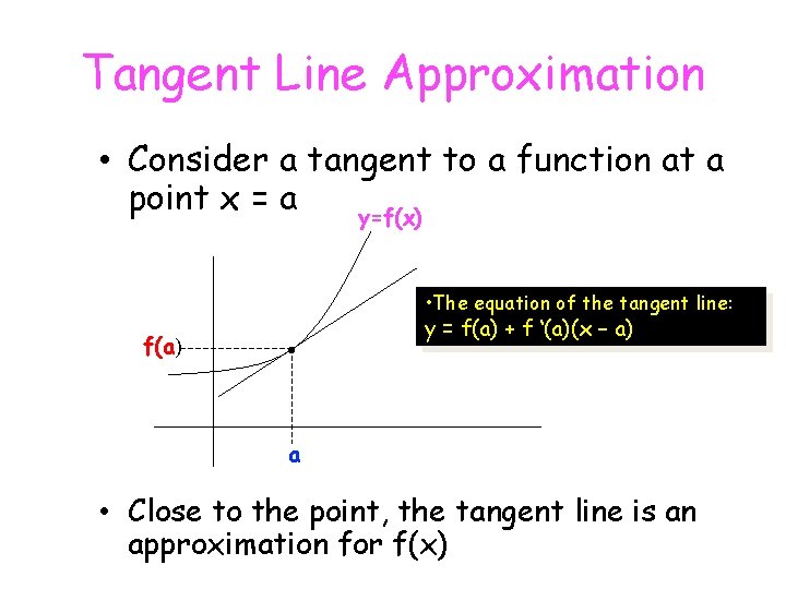 Tangent Line Approximation • Consider a tangent to a function at a point x