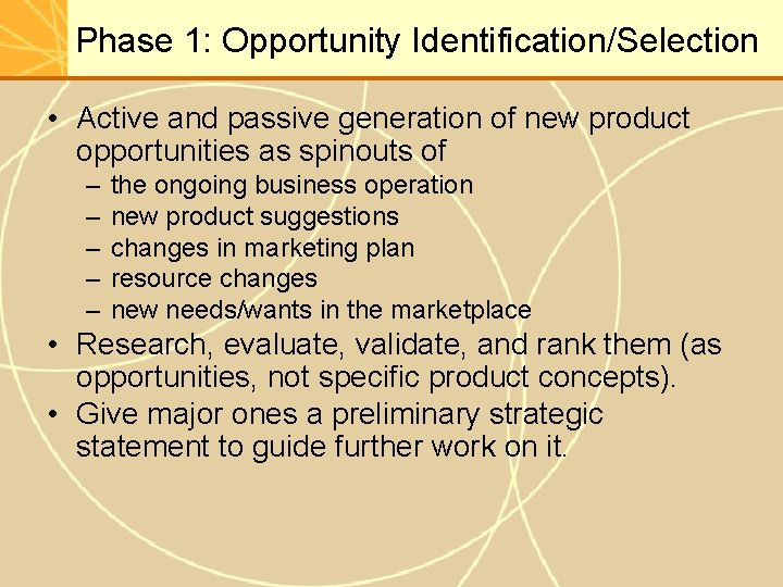 Phase 1: Opportunity Identification/Selection • Active and passive generation of new product opportunities as