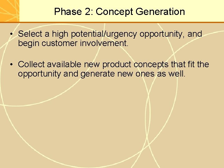 Phase 2: Concept Generation • Select a high potential/urgency opportunity, and begin customer involvement.