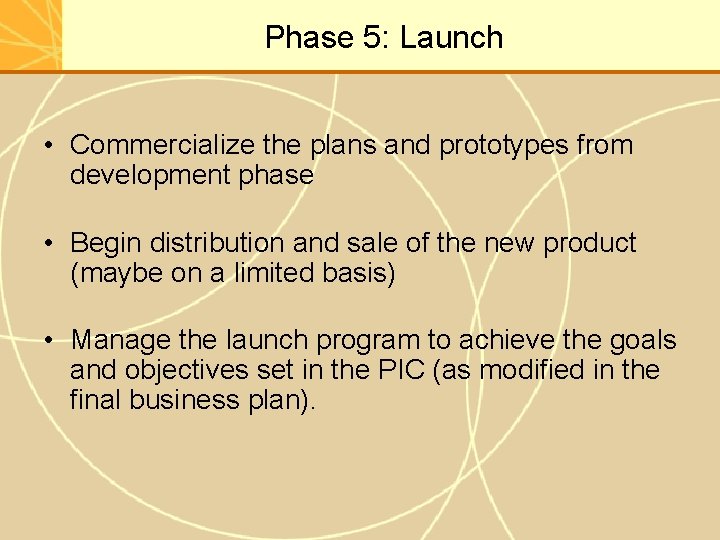 Phase 5: Launch • Commercialize the plans and prototypes from development phase • Begin