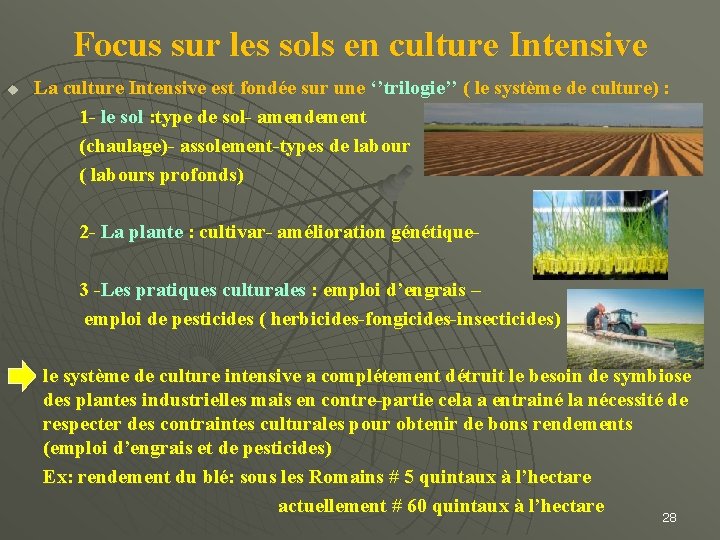 Focus sur les sols en culture Intensive u La culture Intensive est fondée sur