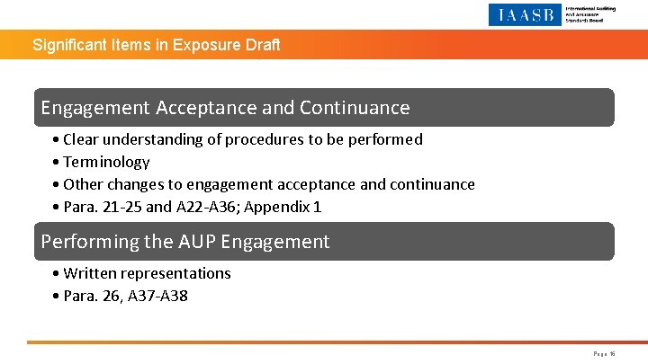 Significant Items in Exposure Draft Engagement Acceptance and Continuance • Clear understanding of procedures