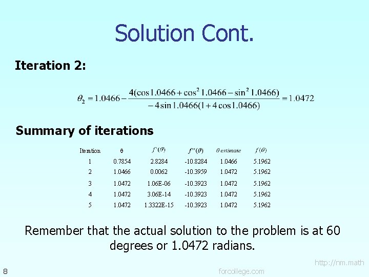 Solution Cont. Iteration 2: Summary of iterations Iteration 1 0. 7854 2. 8284 -10. Solution Cont. Iteration 2: Summary of iterations Iteration 1 0. 7854 2. 8284 -10.