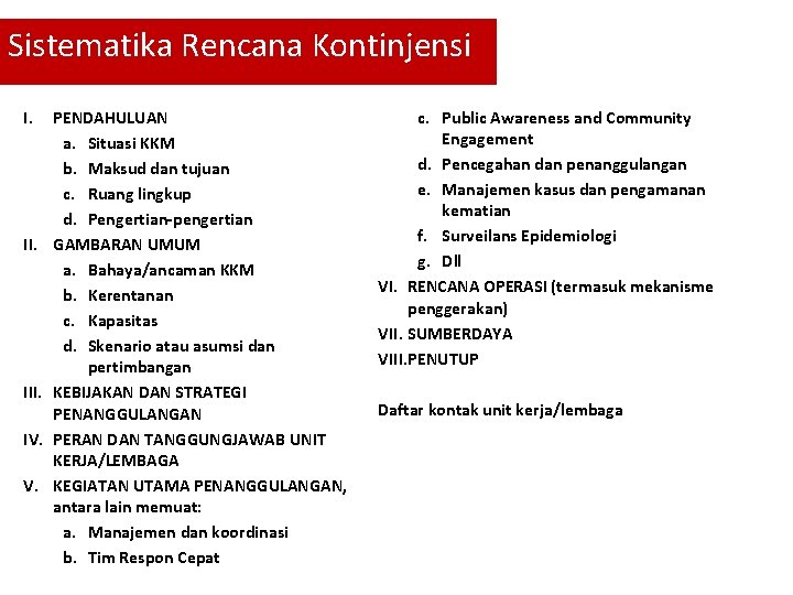Sistematika Rencana Kontinjensi I. III. IV. V. PENDAHULUAN a. Situasi KKM b. Maksud dan Sistematika Rencana Kontinjensi I. III. IV. V. PENDAHULUAN a. Situasi KKM b. Maksud dan