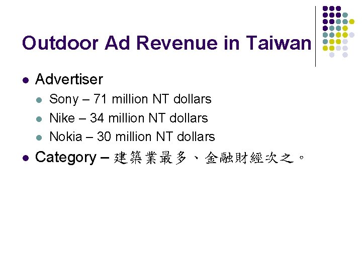 Outdoor Ad Revenue in Taiwan l Advertiser l l Sony – 71 million NT