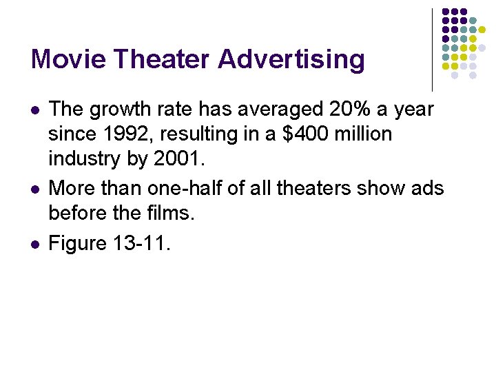 Movie Theater Advertising l l l The growth rate has averaged 20% a year