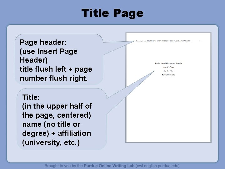 Title Page header: (use Insert Page Header) title flush left + page number flush