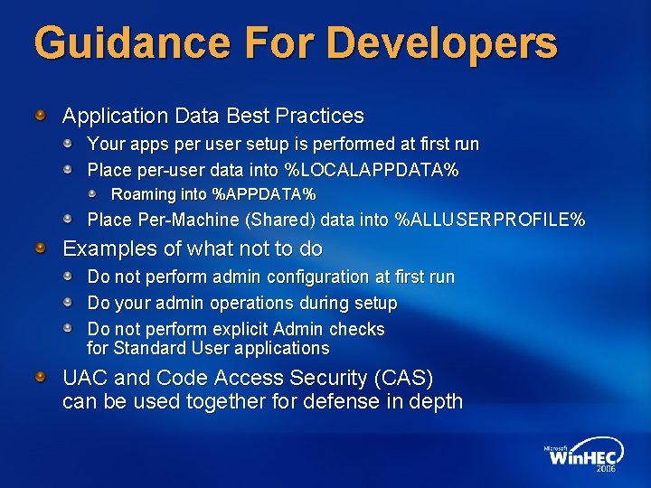 Guidance For Developers Application Data Best Practices Your apps per user setup is performed