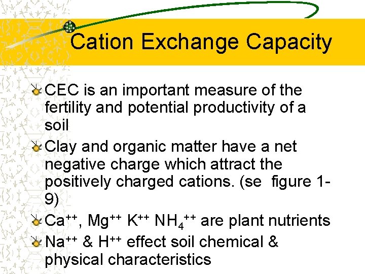 Cation Exchange Capacity CEC is an important measure of the fertility and potential productivity Cation Exchange Capacity CEC is an important measure of the fertility and potential productivity