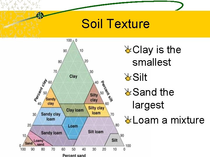 Soil Texture Clay is the smallest Silt Sand the largest Loam a mixture Soil Texture Clay is the smallest Silt Sand the largest Loam a mixture