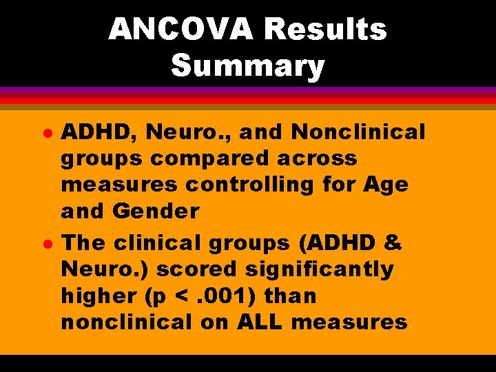 ANCOVA Results Summary l l ADHD, Neuro. , and Nonclinical groups compared across measures