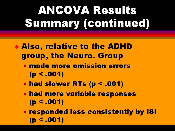 ANCOVA Results Summary (continued) l Also, relative to the ADHD group, the Neuro. Group