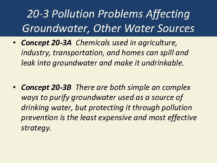 20 -3 Pollution Problems Affecting Groundwater, Other Water Sources • Concept 20 -3 A