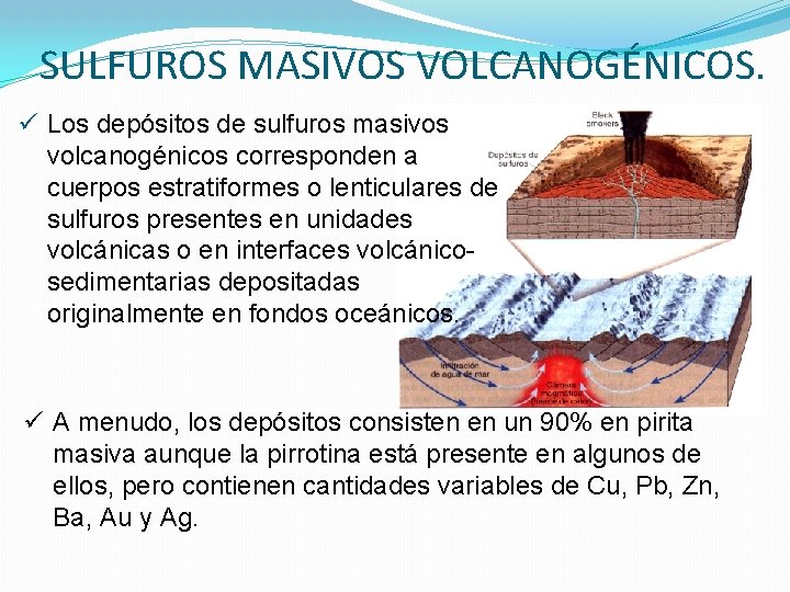 SULFUROS MASIVOS VOLCANOGÉNICOS. ü Los depósitos de sulfuros masivos volcanogénicos corresponden a cuerpos estratiformes