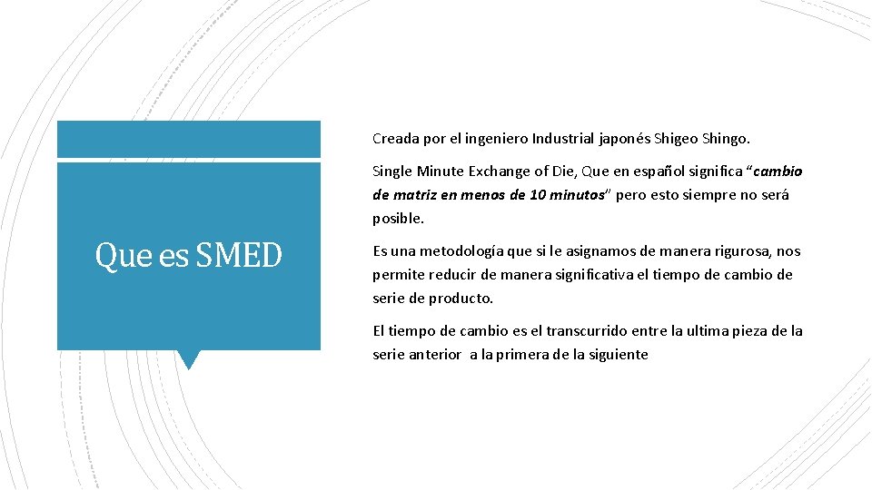 Creada por el ingeniero Industrial japonés Shigeo Shingo. Single Minute Exchange of Die, Que