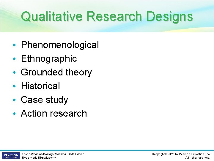 Qualitative Research Designs • • • Phenomenological Ethnographic Grounded theory Historical Case study Action