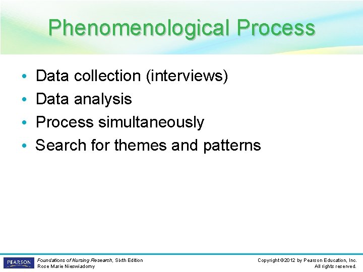 Phenomenological Process • • Data collection (interviews) Data analysis Process simultaneously Search for themes