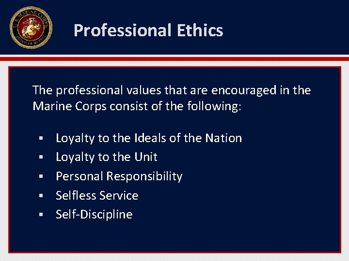 Professional Ethics The professional values that are encouraged in the Marine Corps consist of