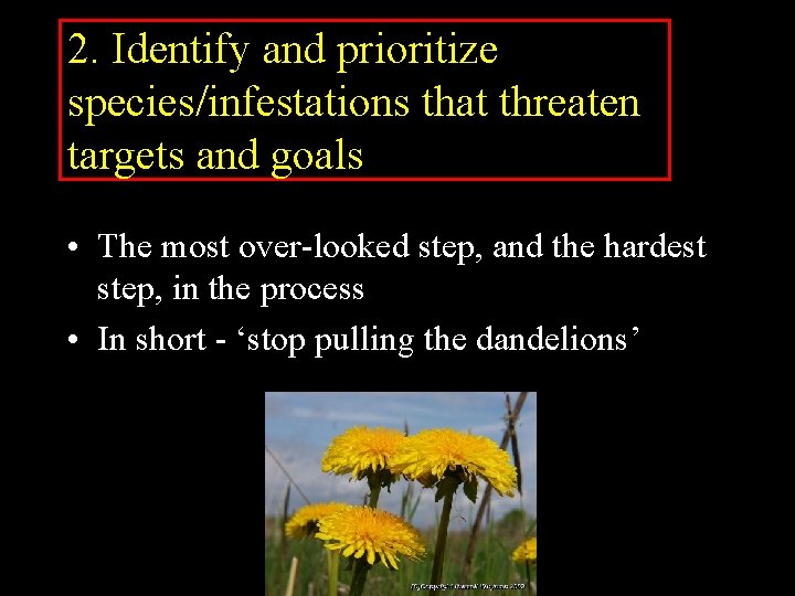 2. Identify and prioritize species/infestations that threaten targets and goals • The most over-looked