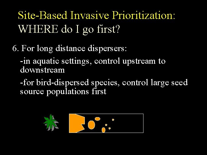 Site-Based Invasive Prioritization: WHERE do I go first? 6. For long distance dispersers: -in