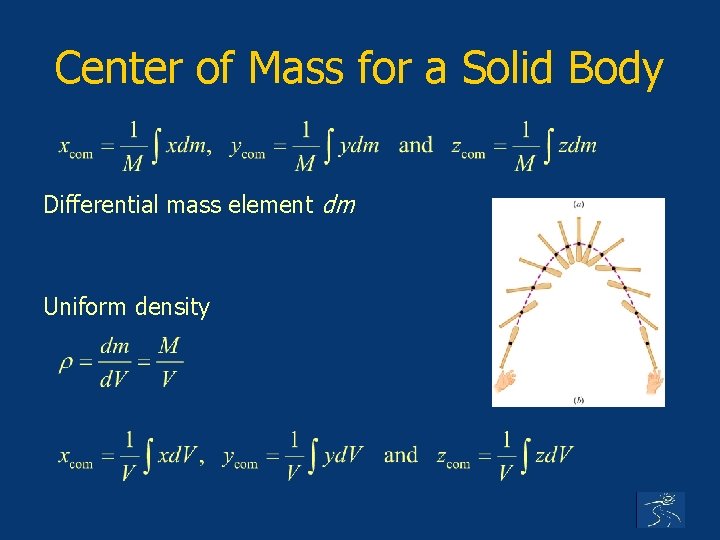 Center of Mass for a Solid Body Differential mass element dm Uniform density 