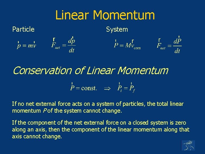 Linear Momentum Particle System Conservation of Linear Momentum If no net external force acts