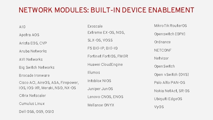 NETWORK MODULES: BUILT-IN DEVICE ENABLEMENT A 10 Apstra AOS Arista EOS, CVP Aruba Networks