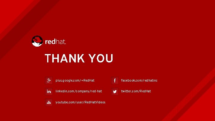 THANK YOU plus. google. com/+Red. Hat facebook. com/redhatinc linkedin. com/company/red-hat twitter. com/Red. Hat youtube.