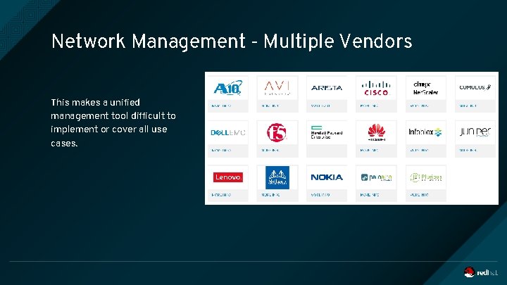 Network Management - Multiple Vendors This makes a unified management tool difficult to implement