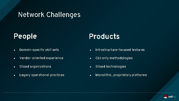 Network Challenges People Products ● Domain-specific skill sets ● Infrastructure-focused features ● Vendor-oriented experience