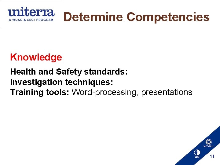 Determine Competencies Knowledge Health and Safety standards: Investigation techniques: Training tools: Word-processing, presentations 11