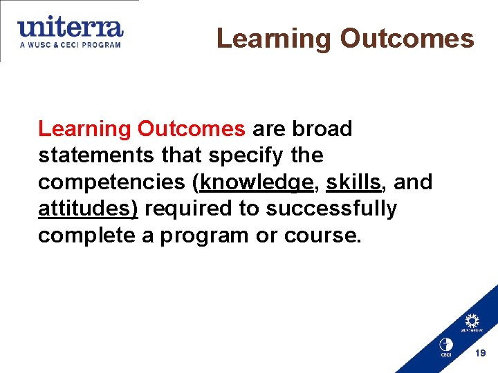  Learning Outcomes are broad statements that specify the competencies (knowledge, skills, and attitudes)