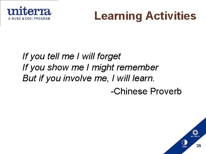 Learning Activities If you tell me I will forget If you show me I