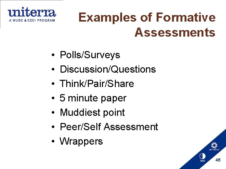 Examples of Formative Assessments • • Polls/Surveys Discussion/Questions Think/Pair/Share 5 minute paper Muddiest point