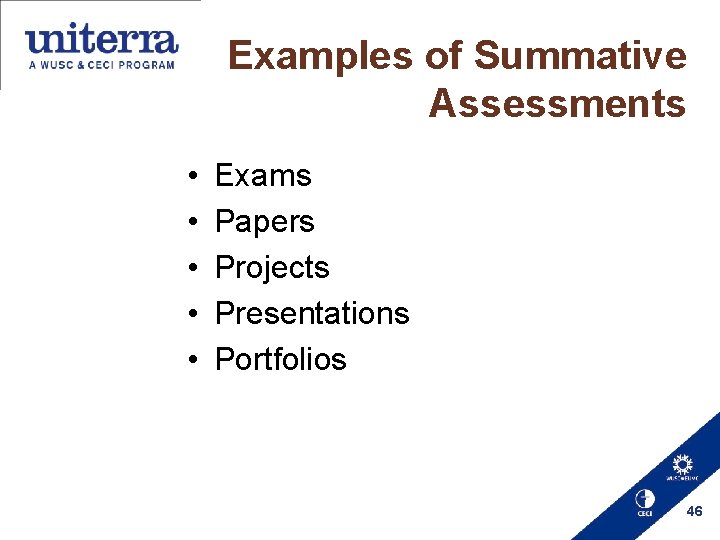 Examples of Summative Assessments • • • Exams Papers Projects Presentations Portfolios 46 