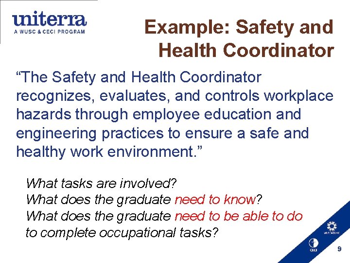 Example: Safety and Health Coordinator “The Safety and Health Coordinator recognizes, evaluates, and controls