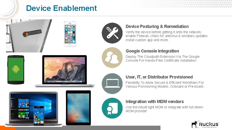 Device Enablement Device Posturing & Remediation Verify the device before getting it onto the
